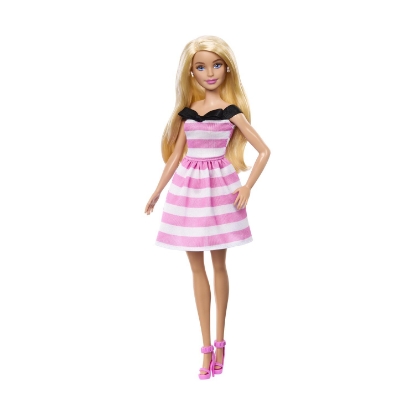 Picture of Mattel Barbie® 65th Anniversary - Blonde Doll with Pink Striped Dress (HTH66)