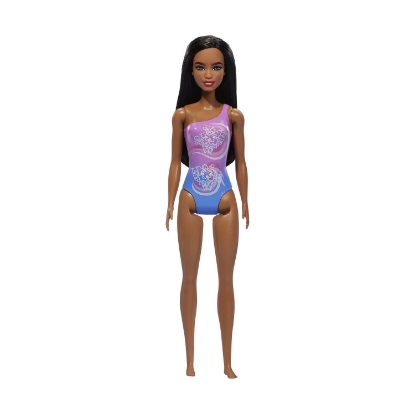 Picture of Mattel Barbie: Beach - Dark Skin Doll Wearing Tropical Pink and Blue Swimsuit (HXX49)